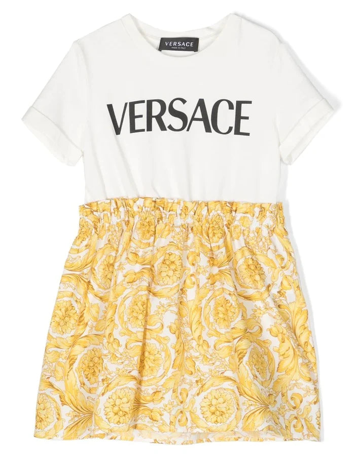 VERSACE KIDS Baroque T-shirt Dress White/Gold - MAISONDEFASHION.COM