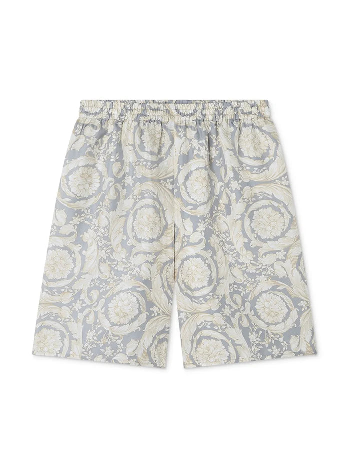 VERSACE KIDS Boys Barocco-print Silk Bermuda Shorts Light Grey/Multicolour - MAISONDEFASHION.COM