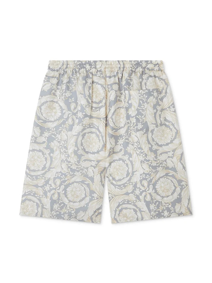 VERSACE KIDS Boys Barocco-print Silk Bermuda Shorts Light Grey/Multicolour - MAISONDEFASHION.COM