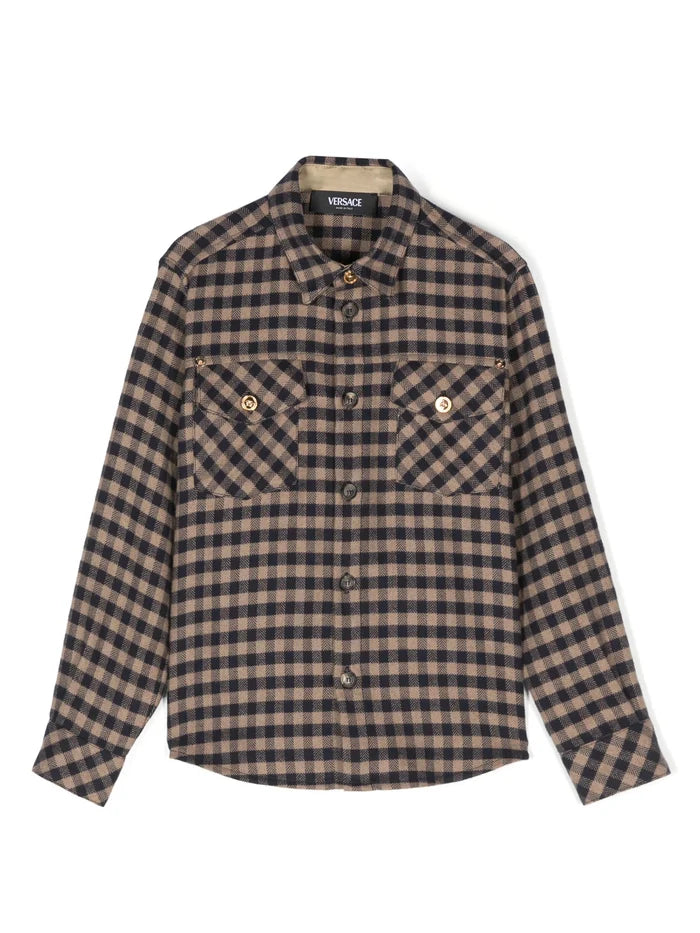 VERSACE KIDS Boys Checked Flannel Shirt Navy Blue/Beige - MAISONDEFASHION.COM