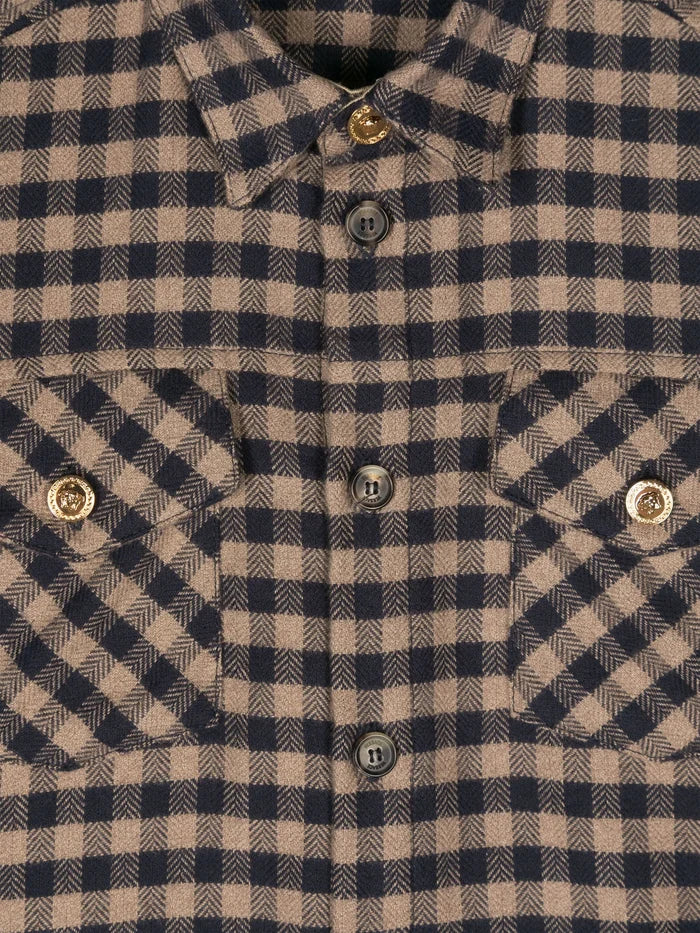 VERSACE KIDS Boys Checked Flannel Shirt Navy Blue/Beige - MAISONDEFASHION.COM