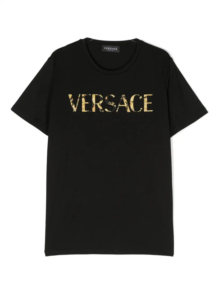 VERSACE KIDS Boys Logo-embroidered Cotton T-shirt Black - MAISONDEFASHION.COM