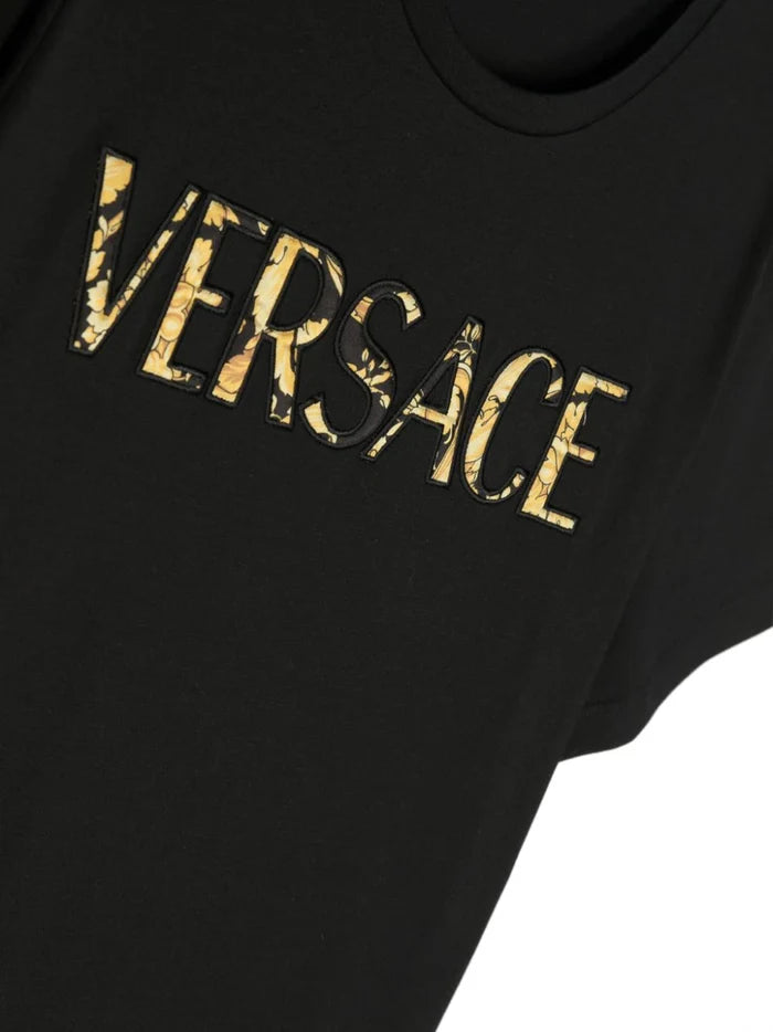 VERSACE KIDS Boys Logo-embroidered Cotton T-shirt Black - MAISONDEFASHION.COM