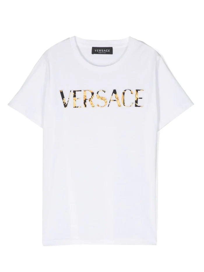 VERSACE KIDS Boys Logo-print Cotton T-shirt White/Yellow - MAISONDEFASHION.COM