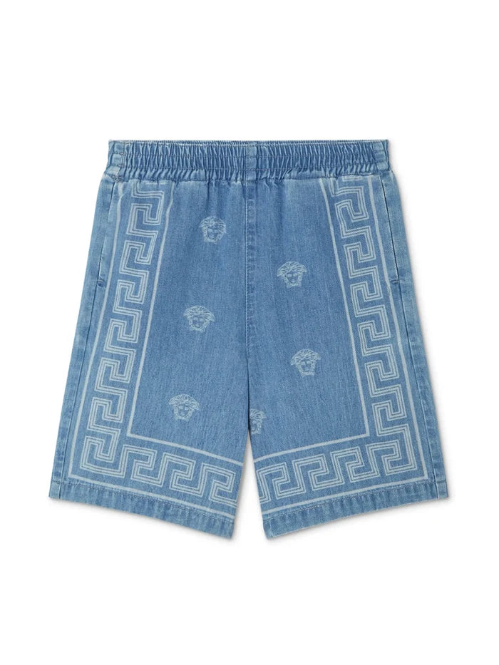 VERSACE KIDS Boys Medusa Bandana Denim Bermuda Shorts Light Blue - MAISONDEFASHION.COM