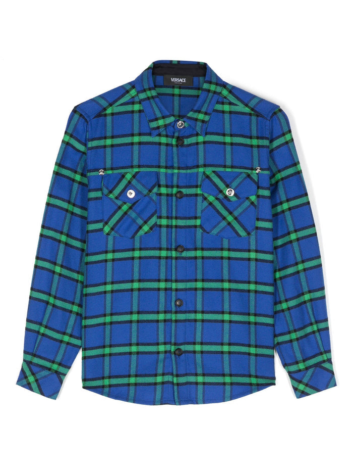 VERSACE KIDS Boys Tartan-pattern Shirt Royal Blue/Green - MAISONDEFASHION.COM