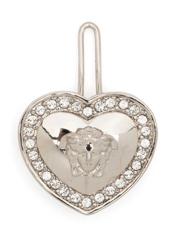 VERSACE KIDS Crystal Heart Logo-Embossed Medusa Hair Clip Silver - MAISONDEFASHION.COM