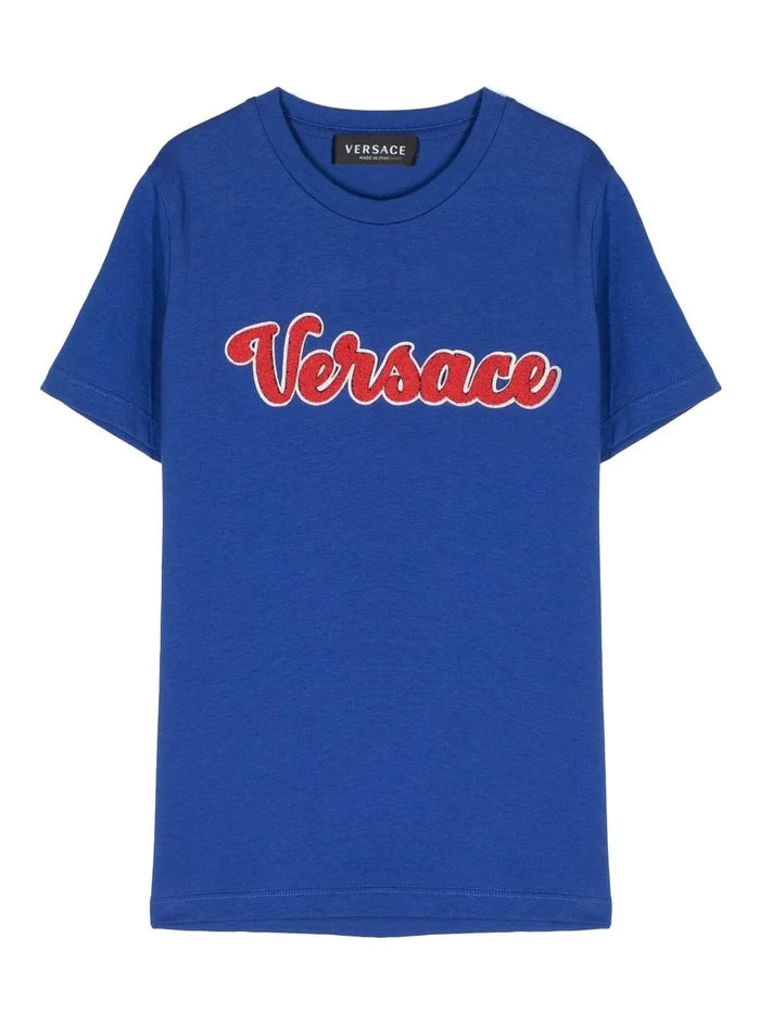 VERSACE KIDS Flocked-logo Cotton T-shirt Blue/Red - MAISONDEFASHION.COM