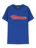 VERSACE KIDS Flocked-logo Cotton T-shirt Blue/Red - MAISONDEFASHION.COM