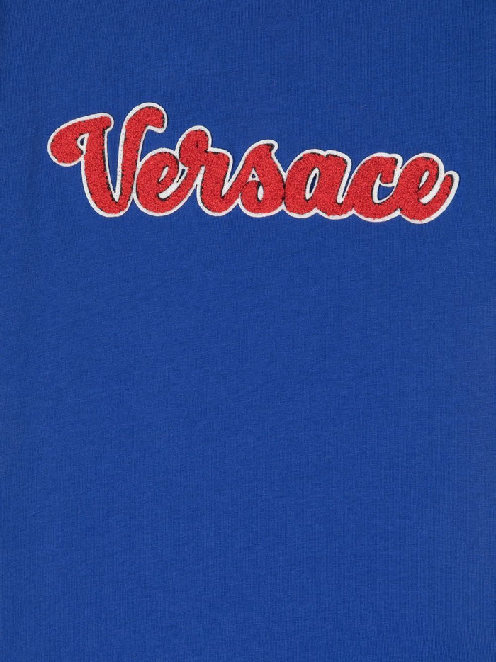 VERSACE KIDS Flocked-logo Cotton T-shirt Blue/Red - MAISONDEFASHION.COM