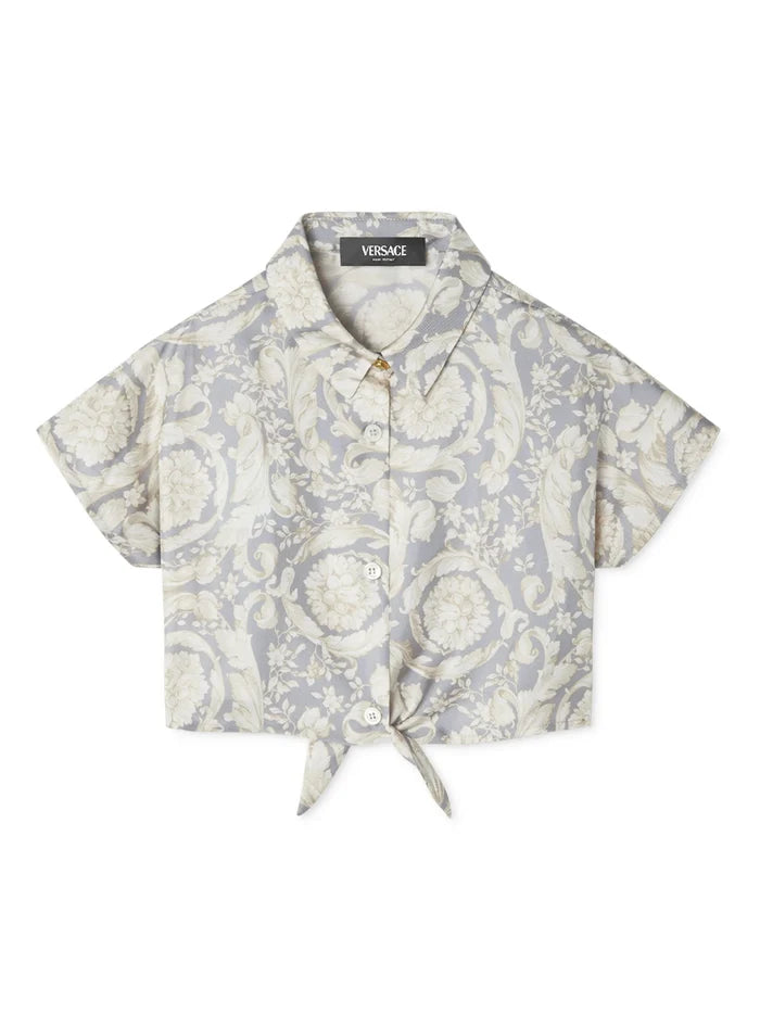 VERSACE KIDS Girls Barocco-print Silk Crop Shirt Light Grey - MAISONDEFASHION.COM