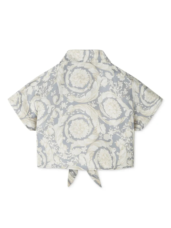 VERSACE KIDS Girls Barocco-print Silk Crop Shirt Light Grey - MAISONDEFASHION.COM