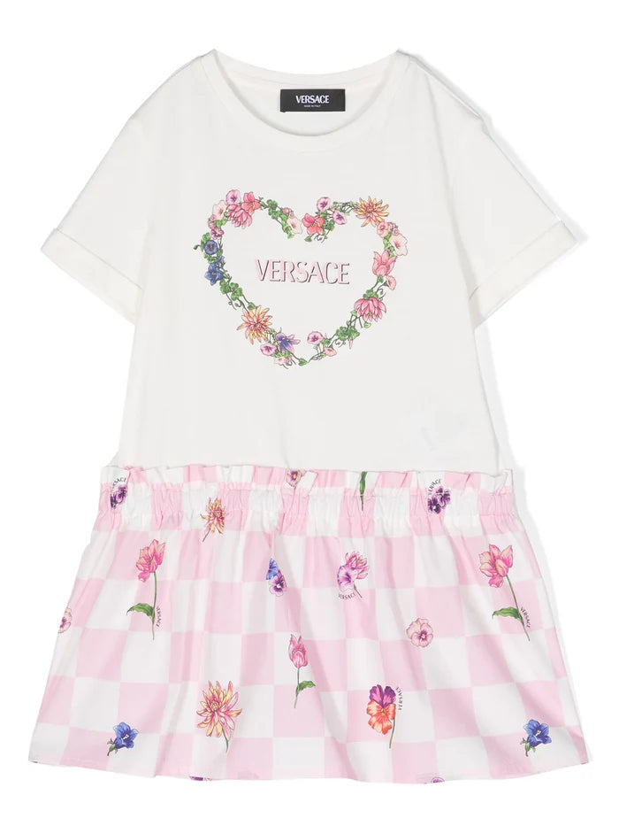 VERSACE KIDS Girls Blossom Logo Kids T-Shirt Dress White/Pink - MAISONDEFASHION.COM