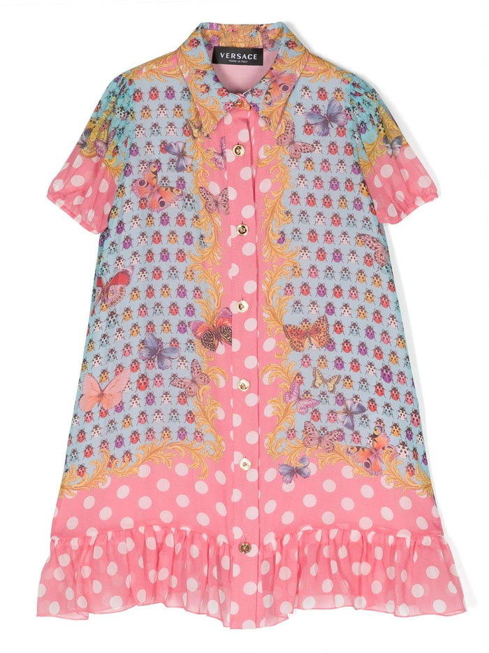 VERSACE KIDS Girls Butterflies Silk Dress Pink/Multicolour - MAISONDEFASHION.COM