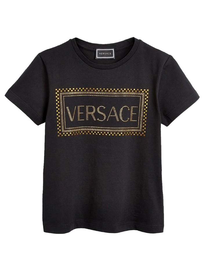 VERSACE KIDS Girls Crew Neck Logo T-shirt Black - MAISONDEFASHION.COM