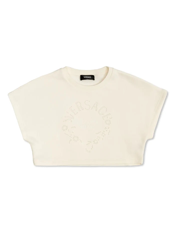VERSACE KIDS Girls Logo Cut-Out Crewneck T-Shirt White - MAISONDEFASHION.COM
