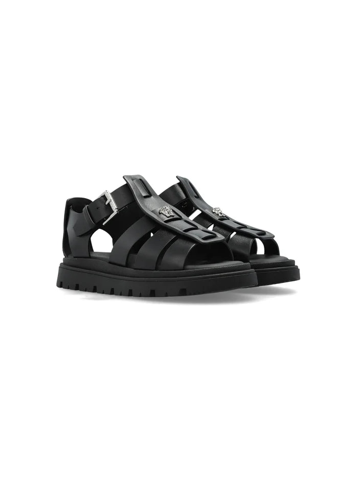 VERSACE KIDS Girls Logo Plaque Open Toe Sandals Black - MAISONDEFASHION.COM