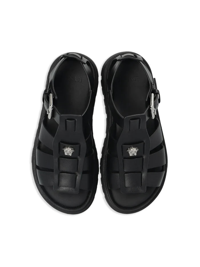 VERSACE KIDS Girls Logo Plaque Open Toe Sandals Black - MAISONDEFASHION.COM