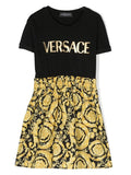 VERSACE KIDS Girls Logo-print Cotton T-shirt Dress Black/Gold - MAISONDEFASHION.COM