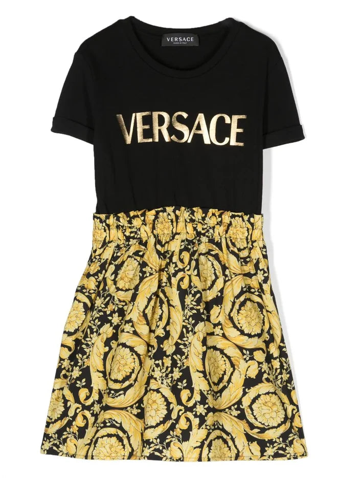 VERSACE KIDS Girls Logo-print Cotton T-shirt Dress Black/Gold - MAISONDEFASHION.COM