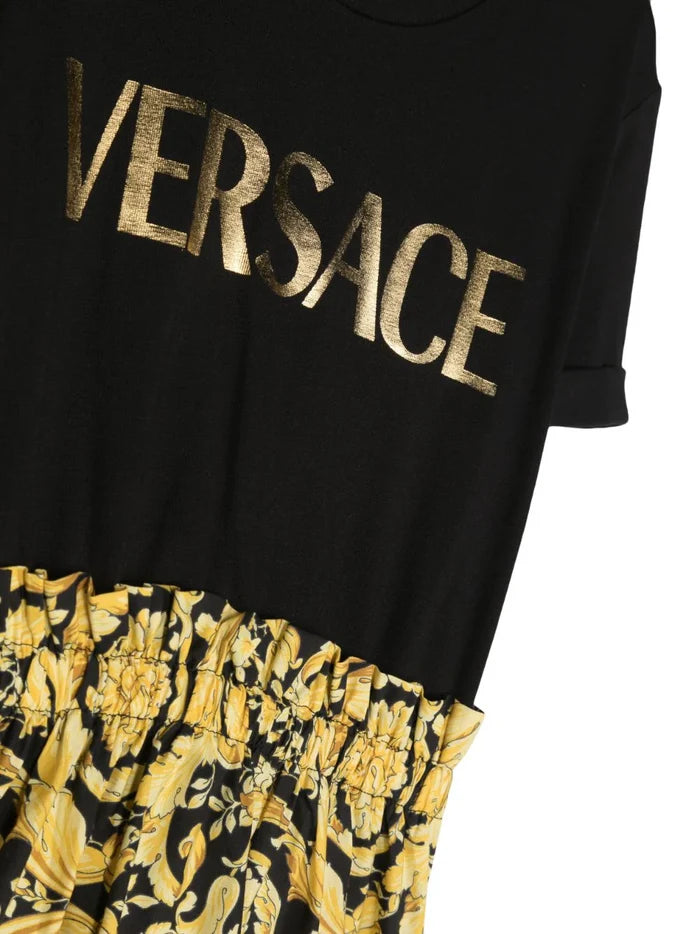 VERSACE KIDS Girls Logo-print Cotton T-shirt Dress Black/Gold - MAISONDEFASHION.COM