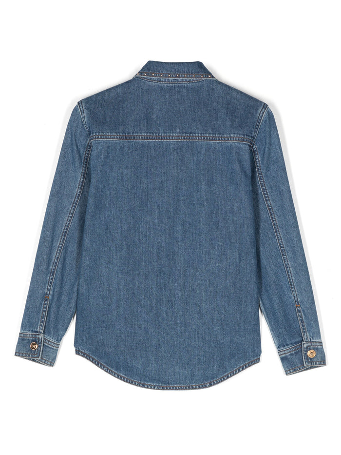 VERSACE KIDS Girls Medusa Head-Buttons Studded Shirt Blue - MAISONDEFASHION.COM
