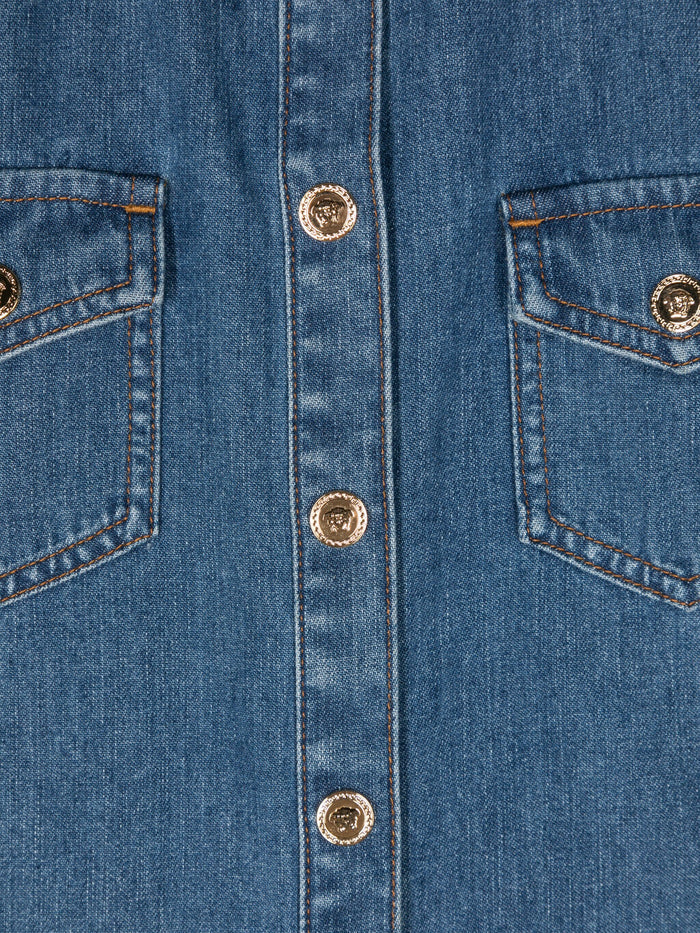 VERSACE KIDS Girls Medusa Head-Buttons Studded Shirt Blue - MAISONDEFASHION.COM