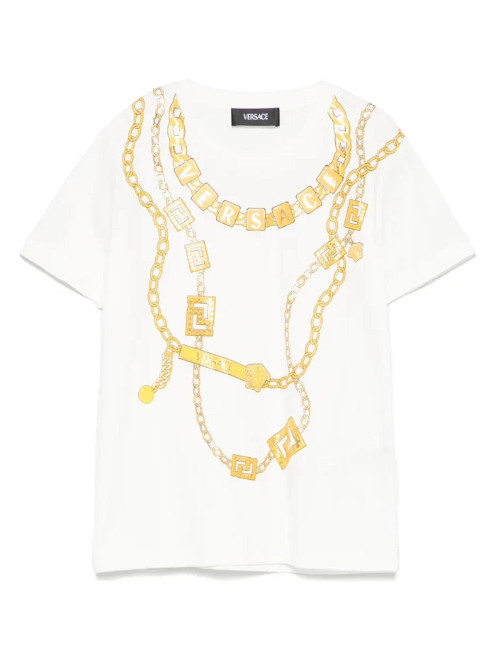 VERSACE KIDS Girls Necklace Logo T-shirt White - MAISONDEFASHION.COM