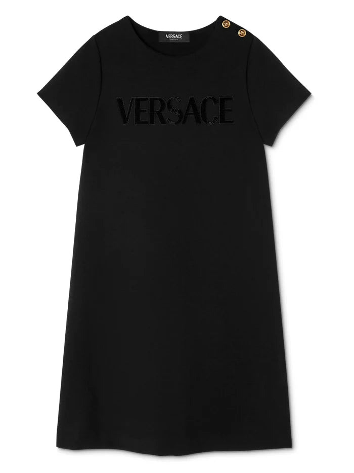 VERSACE KIDS Girls Sequin-logo Dress Black - MAISONDEFASHION.COM