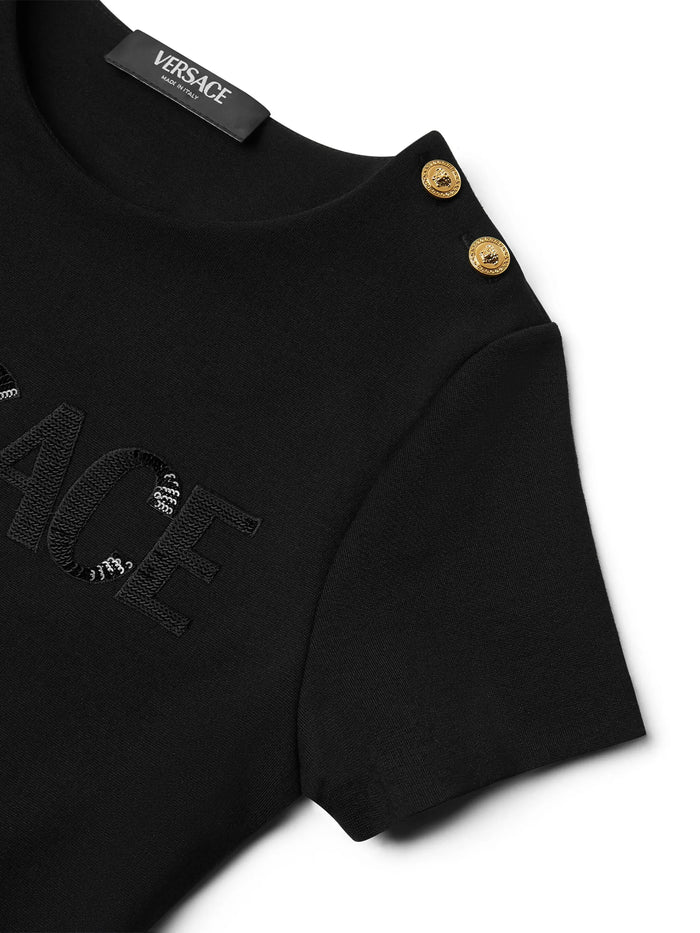 VERSACE KIDS Girls Sequin-logo Dress Black - MAISONDEFASHION.COM