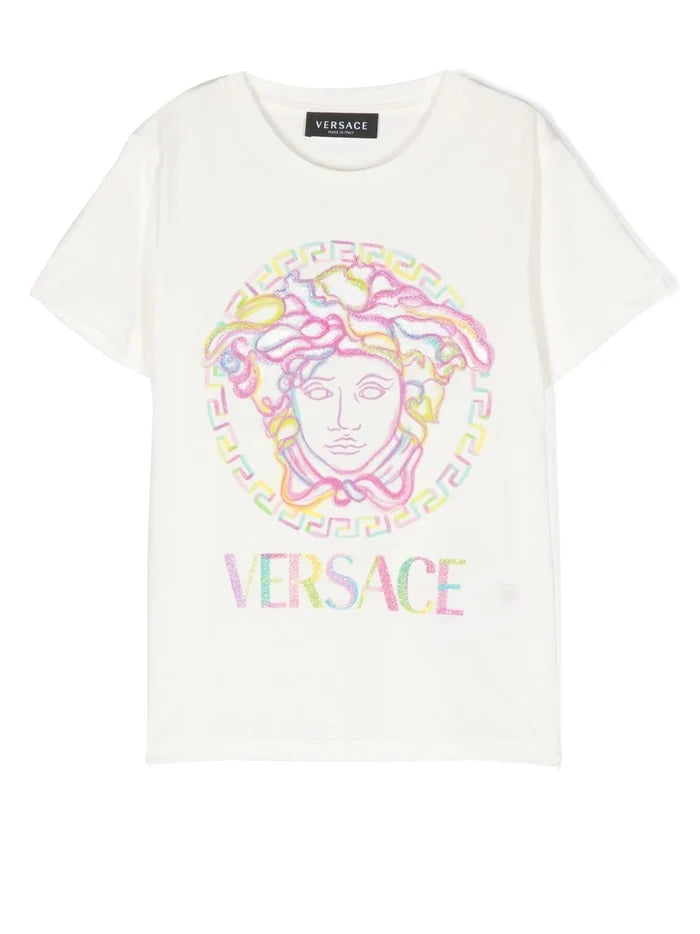VERSACE KIDS La Greca-print Cotton T-shirt White/Multicolour - MAISONDEFASHION.COM