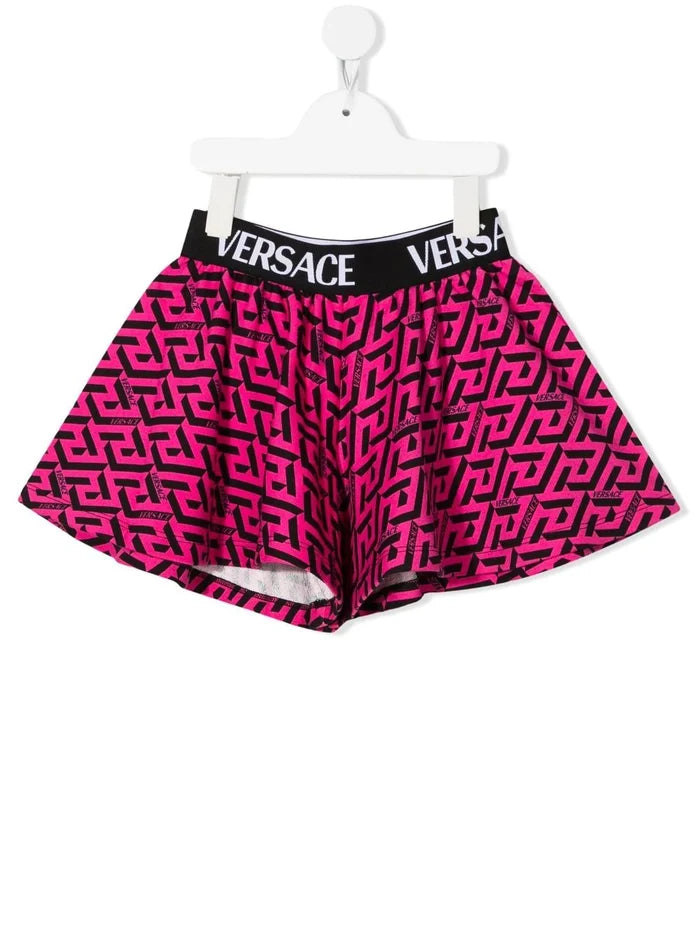 VERSACE KIDS La Greca Printed Shorts Pink/Black - MAISONDEFASHION.COM