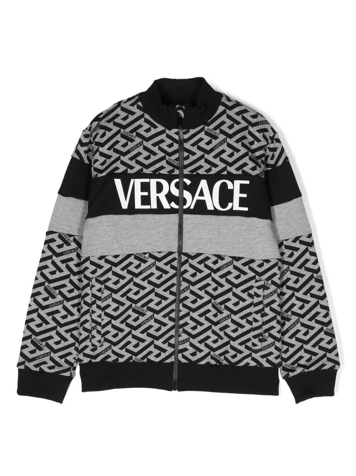 VERSACE KIDS La Greca Zipped Sweatshirt Black/White - MAISONDEFASHION.COM