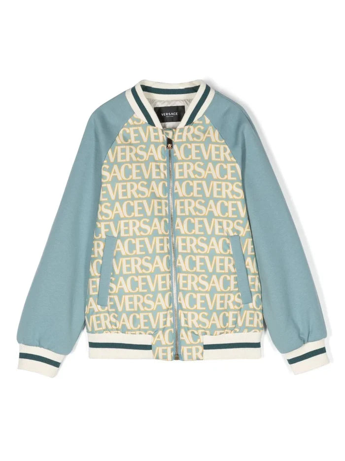 VERSACE KIDS Logo-print Bomber Jacket Blue/Multicolour - MAISONDEFASHION.COM