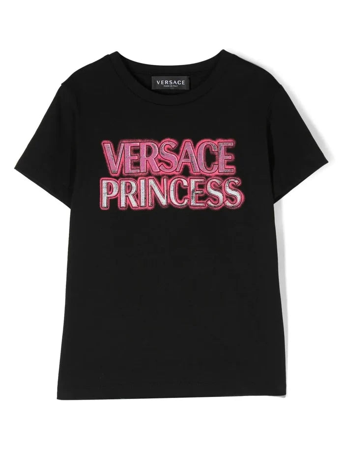 VERSACE KIDS Logo-print Princess T-shirt Black/Pink - MAISONDEFASHION.COM
