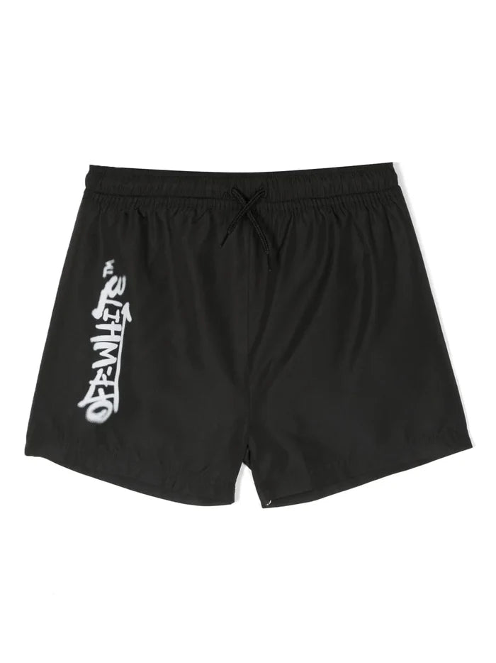 OFF-WHITE KIDS Off Graffiti Swim Short Black White - MAISONDEFASHION.COM