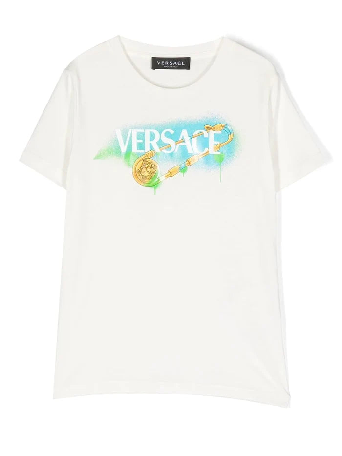 VERSACE KIDS Safety Pin Logo T-shirt White/Multicolour - MAISONDEFASHION.COM