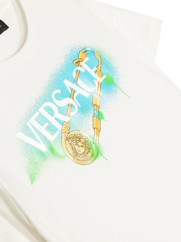 VERSACE KIDS Safety Pin Logo T-shirt White/Multicolour - MAISONDEFASHION.COM