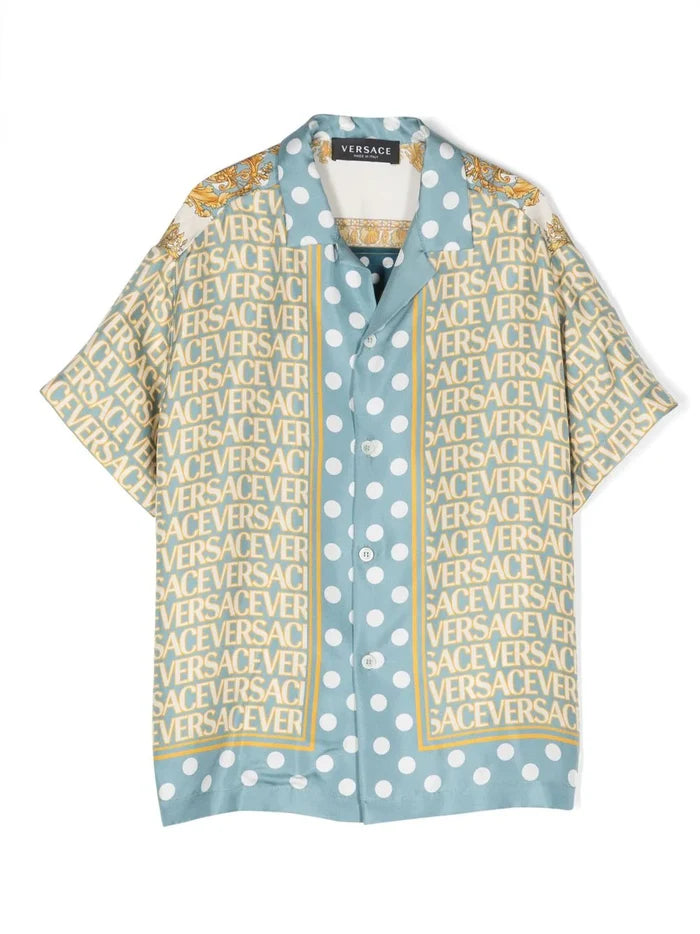 VERSACE KIDS Seashell Baroque Print Silk Shirt Light Blue - MAISONDEFASHION.COM