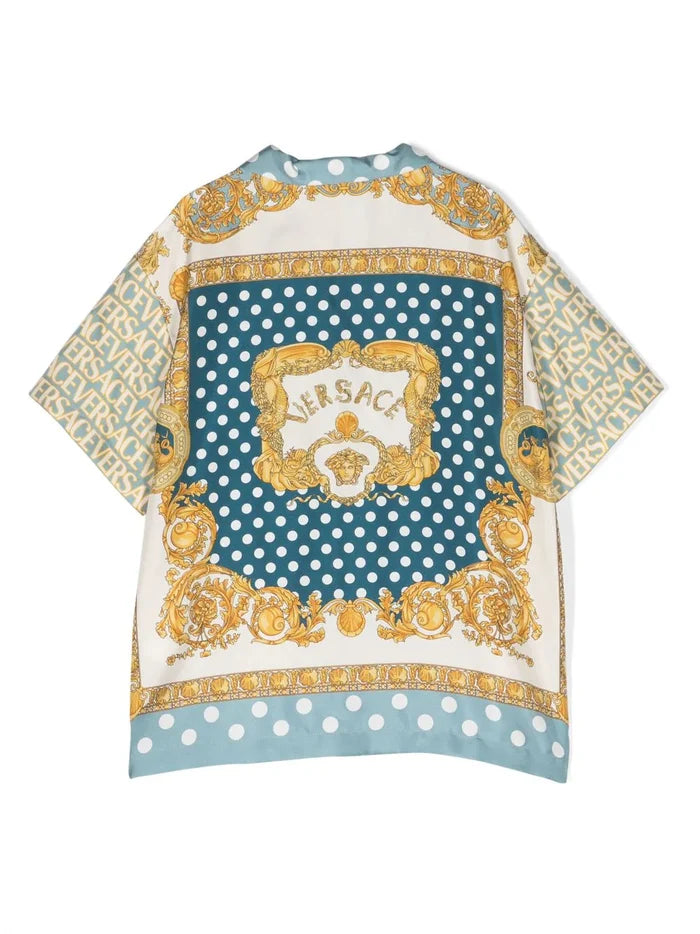VERSACE KIDS Seashell Baroque Print Silk Shirt Light Blue - MAISONDEFASHION.COM