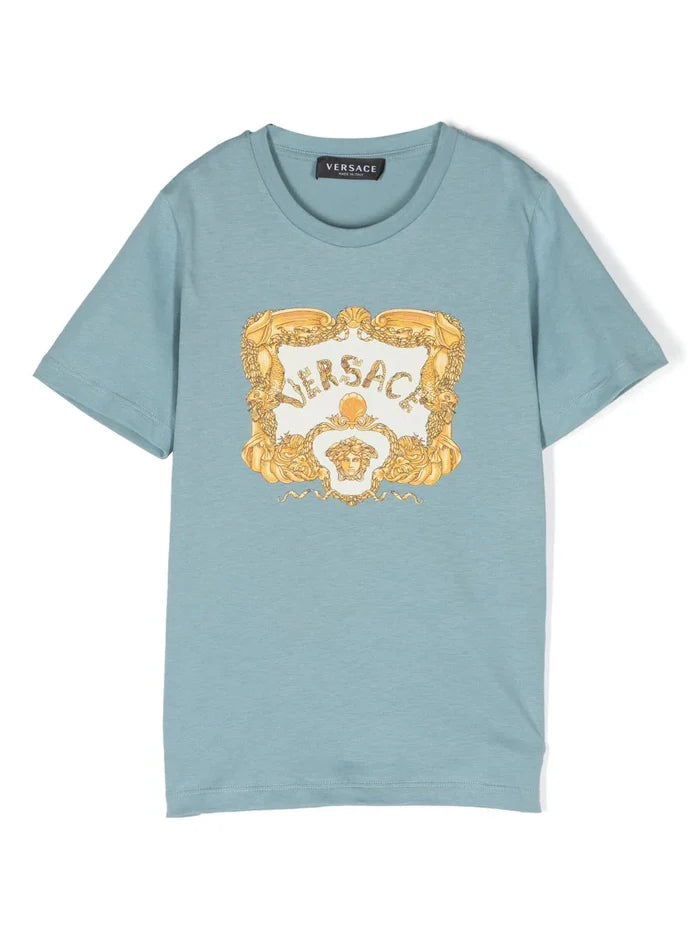 VERSACE KIDS Seashell Baroque Print T-Shirt Light Blue - MAISONDEFASHION.COM