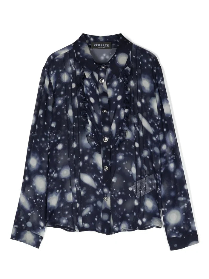 VERSACE KIDS Space-print Silk Shirt Navy Blue - MAISONDEFASHION.COM