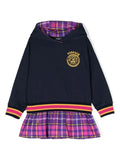 VERSACE KIDS Tartan Barocco Medusa Logo Hoodie Dress Navy/Purple - MAISONDEFASHION.COM