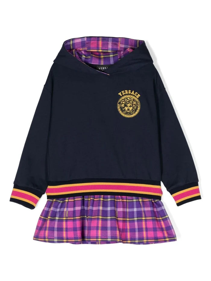 VERSACE KIDS Tartan Barocco Medusa Logo Hoodie Dress Navy/Purple - MAISONDEFASHION.COM