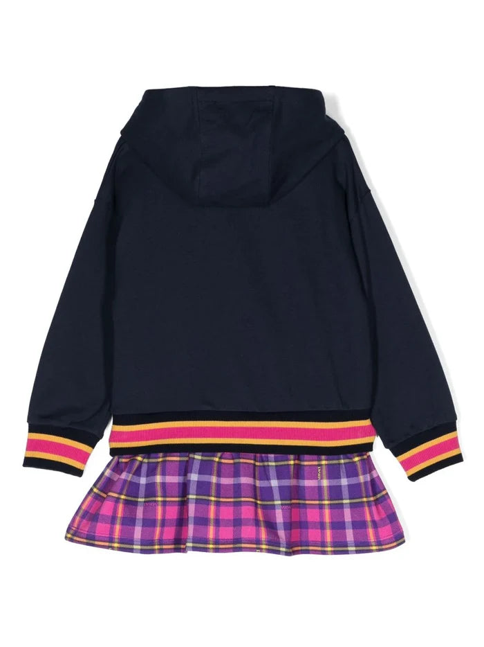 VERSACE KIDS Tartan Barocco Medusa Logo Hoodie Dress Navy/Purple - MAISONDEFASHION.COM