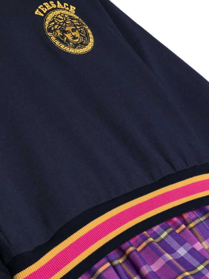 VERSACE KIDS Tartan Barocco Medusa Logo Hoodie Dress Navy/Purple - MAISONDEFASHION.COM