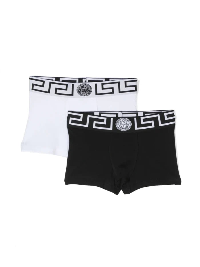 VERSACE KIDS Two-pack Greca-trim Boxers Black/White - MAISONDEFASHION.COM