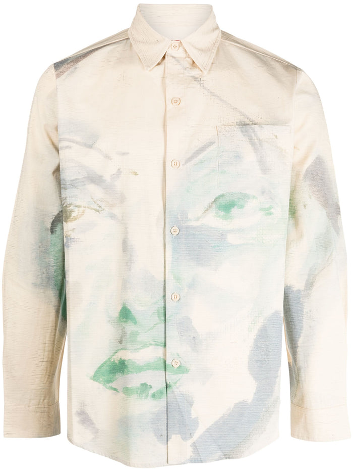 KIDSUPER Face Print Cotton Shirt Natural - MAISONDEFASHION.COM