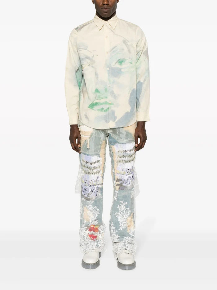 KIDSUPER Face Print Cotton Shirt Natural - MAISONDEFASHION.COM