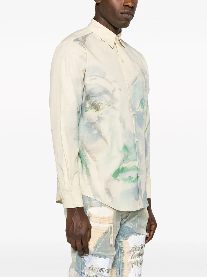 KIDSUPER Face Print Cotton Shirt Natural - MAISONDEFASHION.COM